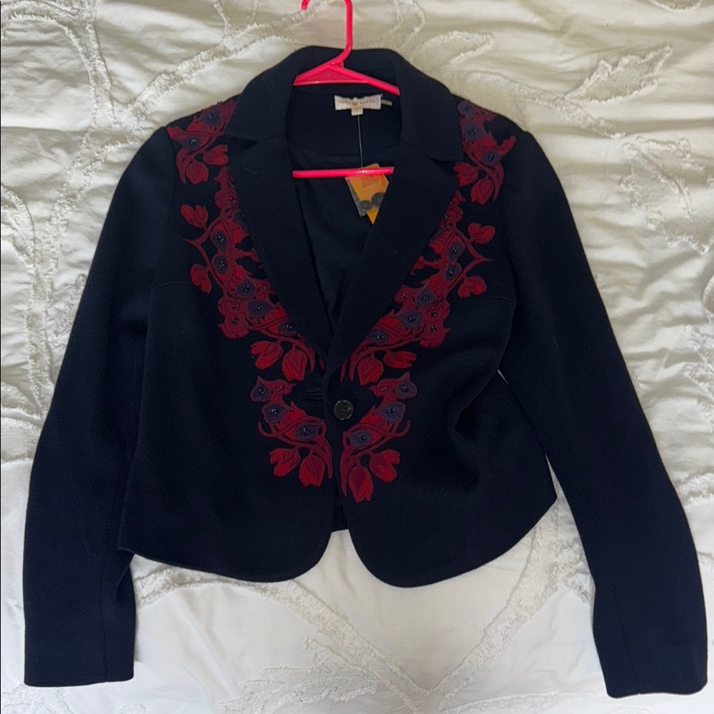 Tory Burch Dark Navy and Red Embroidered Blazer